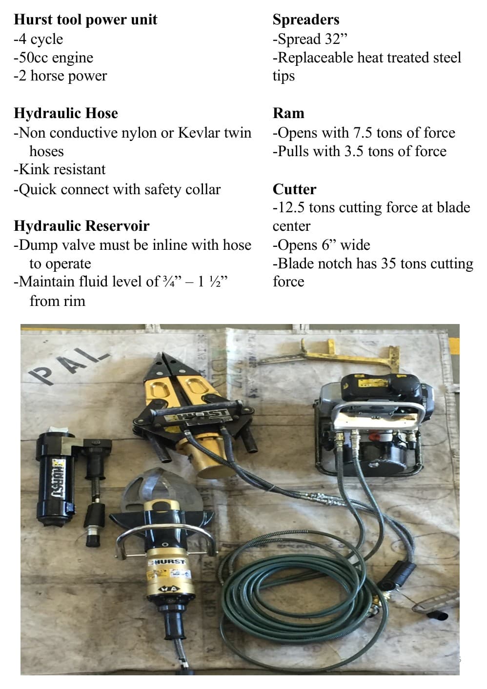 Hurst hydraulic system reference with power unit, hose, reservoir, spreaders, ram, and cutter.