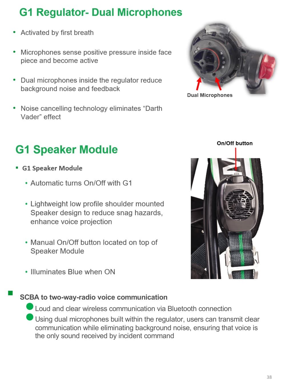 MSA G1 regulator dual microphone and speaker module Bluetooth voice communication reference.